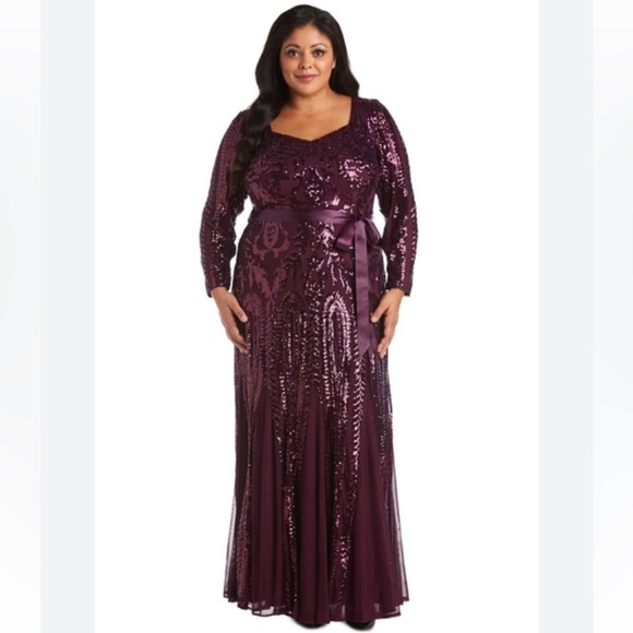 R&M Richards women’s sweetheart sequins evening gown long sleeve burgundy 14W - Picture 14 of 16